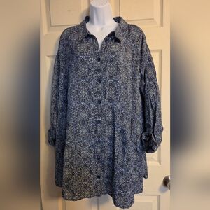 Catherines Blue Patterned Button-Up Dress 3X NWT